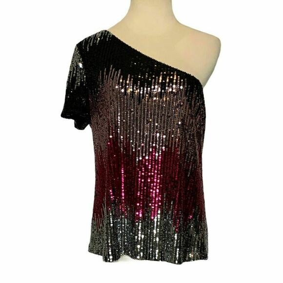 Drew Silver Pink Gray Sequin one shoulder blouse Size Medium - Picture 1 of 9